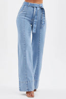 Calça Jeans Wide Leg Basic com Cinto Removível Cós Super Alto Clara