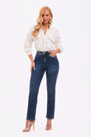 Calça Jeans Reta Modeladora Essencial Cós Super Alto Barra Tradicional