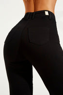 Calça Jeans Wide Leg Modeladora Cós Super Alto Barra Corte a Laser Preto Intenso