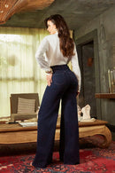 Calça Jeans Pantalona Luxury Cós Super Alto Barra Corte a Laser Escura