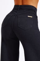 Calça Jeans Pantalona Modeladora Cós Médio Preta