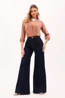 Calça Jeans Pantalona Ultra Modeladora Cós Alto Barra Tradicional