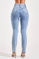 Calça Jeans Reta Modeladora Revolucionária Cós Super Alto Barra Corte a Laser Clara
