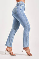 Calça Jeans Reta Modeladora Revolucionária Cós Super Alto Barra Corte a Laser Clara