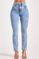 Calça Jeans Reta Modeladora Revolucionária Cós Super Alto Barra Corte a Laser Clara