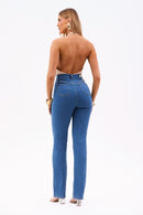 Calça Jeans Reta Clássica Cós Super Alto 99% Algodão
