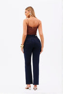 Calça Jeans Reta Luxury Cós Super Alto Escura