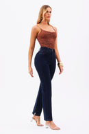 Calça Jeans Reta Luxury Cós Super Alto Escura