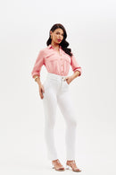 Calça Jeans Reta Modeladora Milagrosa Cós Alto Barra Desfiada Branca