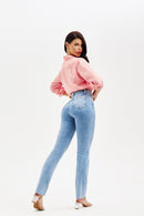 Calça Jeans Reta Modeladora Revolucionária Cós Super Alto Barra Corte a Laser Clara