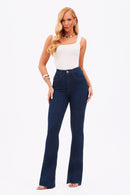 Calça Jeans Flare Modeladora Revolucionária Cós Super Alto Barra Corte a Laser Escura