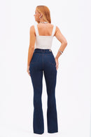 Calça Jeans Flare Modeladora Revolucionária Cós Super Alto Barra Corte a Laser Escura