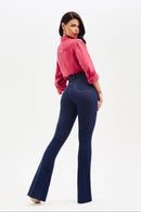 Calça Jeans Flare Modeladora Revolucionária Cós Super Alto Barra Corte a Laser Escura