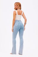 Calça Jeans Flare Modeladora Revolucionária Cós Super Alto Barra Corte a Laser Clara