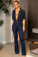 Calça Jeans Flare Modeladora Revolucionária Cós Super Alto Barra Corte a Laser Escura