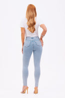 Calça Jeans Skinny Modeladora Revolucionária Cós Super Alto Barra Corte a Laser Clara
