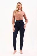 Calça Jeans Skinny Ultra Modeladora Cós Alto Barra Corte a Laser
