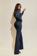 Calça Jeans Wide Leg Modeladora Fantástica Cós Super Alto Barra Corte a Laser