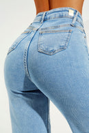 Calça Jeans Wide Leg Basic Cós Super Alto Barra Corte a Laser Clara