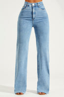 Calça Jeans Wide Leg Basic Cós Super Alto Barra Corte a Laser Clara