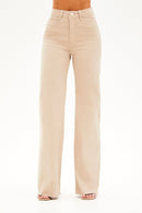 Calça Jeans Wide Leg Modeladora Cós Super Alto Barra Corte a Laser Nude