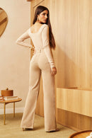 Calça Jeans Wide Leg Modeladora Cós Super Alto Barra Corte a Laser Nude