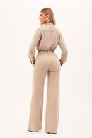 Calça Jeans Wide Leg Modeladora Cós Super Alto Barra Corte a Laser Nude