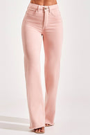 Calça Jeans Wide Leg Modeladora Cós Super Alto Barra Desfiada Rosa