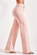 Calça Jeans Wide Leg Modeladora Cós Super Alto Barra Desfiada Rosa