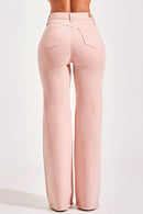 Calça Jeans Wide Leg Modeladora Cós Super Alto Barra Desfiada Rosa