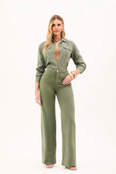 Calça Jeans Wide Leg Modeladora Cós Super Alto Barra Desfiada Verde
