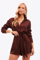 Camisa Feminina de Viscose Acetinada Essence Marrom