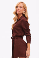 Camisa Feminina de Viscose Acetinada Essence Marrom