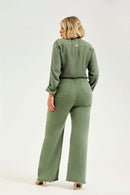 Calça Jeans Wide Leg Modeladora Cós Super Alto Barra Desfiada Verde