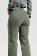 Calça Jeans Wide Leg Modeladora Cós Super Alto Barra Desfiada Verde