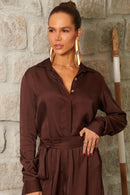 Camisa Feminina de Viscose Acetinada Essence Marrom