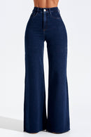 Calça Jeans Pantalona Luxury Cós Super Alto Barra Corte a Laser Escura