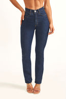 Calça Jeans Reta Ultra Modeladora Cós Alto Barra Corte a Laser