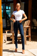 Calça Jeans Skinny Ultra Modeladora Cós Alto Barra Corte a Laser