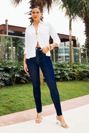 Calça Jeans Skinny Ultra Modeladora Cós Alto Barra Corte a Laser