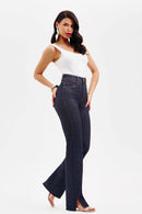 Calça Jeans Wide Leg Modeladora Fantástica Cós Super Alto Barra Corte a Laser