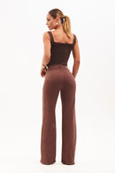 Calça Jeans Wide Leg Modeladora Cós Super Alto com Barra Desfiada Coffee
