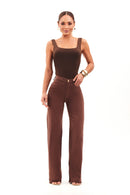 Calça Jeans Wide Leg Modeladora Cós Super Alto com Barra Desfiada Coffee
