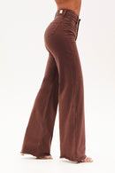 Calça Jeans Wide Leg Modeladora Cós Super Alto com Barra Desfiada Coffee