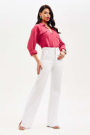 Calça Jeans Wide Leg Modeladora Milagrosa Cós Super Alto Barra Corte a Laser Branca
