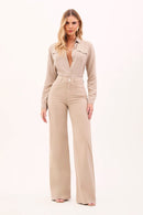Calça Jeans Wide Leg Modeladora Cós Super Alto Barra Corte a Laser Nude