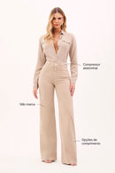 Calça Jeans Wide Leg Modeladora Cós Super Alto Barra Corte a Laser Nude