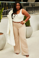 Calça Jeans Wide Leg Modeladora Cós Super Alto Barra Corte a Laser Nude