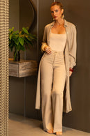 Calça Jeans Wide Leg Modeladora Cós Super Alto Barra Corte a Laser Nude